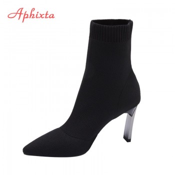 Aphixta Metal Blade Heels Socks Boots Women Stretch Fabric Elastic Stilettos Heel Pointed Toe Ankle Boots Shoes Woman Boats